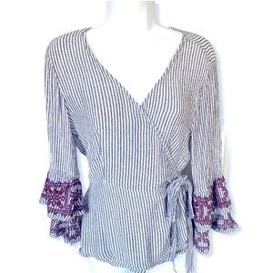 Blue Rain Wrap Blue Stripe Top with Ruffle Sleeves